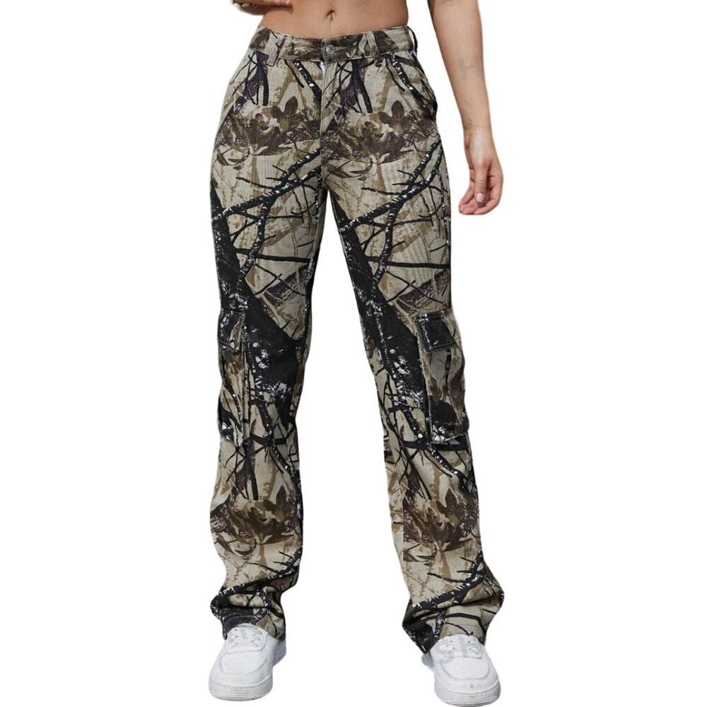 Camo Allover Print Straight Leg Cargo Jeans in Green, Size M Tall​